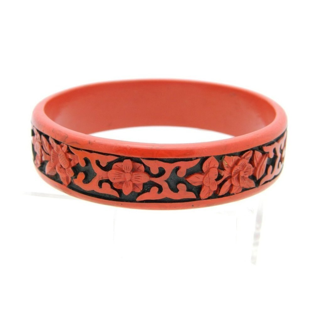 Vintage Faux Cinnabar Deep Carved Flower Bracelet B